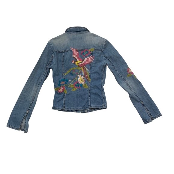 VTG Peacock Embroider Jean Jacket Extra Long Sleeves Y2K Fairygrunge dopamine - Picture 7 of 15